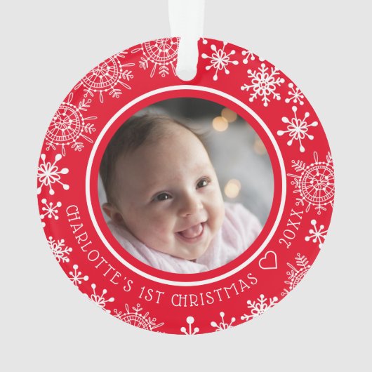 ベビーの初めてのクリスマスフォトスノーフレーク赤 オーナメント (裏面)