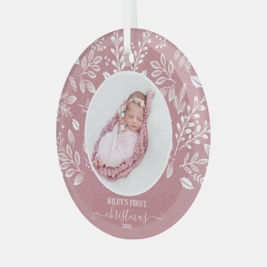 ベビーの初めてのクリスマスフォトピンク ガラスオーナメント (正面左)