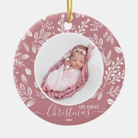 ベビーの初めてのクリスマスフォトピンク セラミックオーナメント (正面)