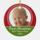 ベビーの初めてのクリスマスフォトフレーム – 赤と緑 セラミックオーナメント (正面)