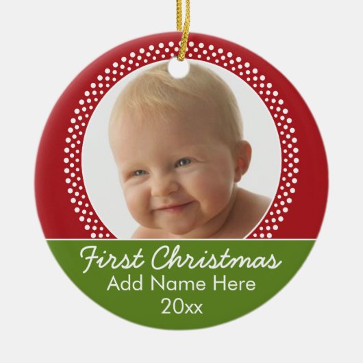 ベビーの初めてのクリスマスフォトフレーム – 赤と緑 セラミックオーナメント (正面)