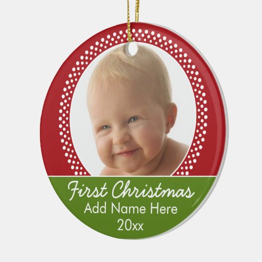 ベビーの初めてのクリスマスフォトフレーム – 赤と緑 セラミックオーナメント (左)