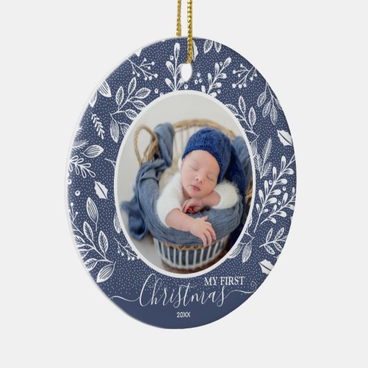 ベビーの初めてのクリスマスフォトブルー セラミックオーナメント (右)