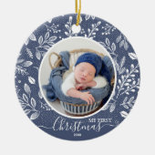 ベビーの初めてのクリスマスフォトブルー セラミックオーナメント (正面)