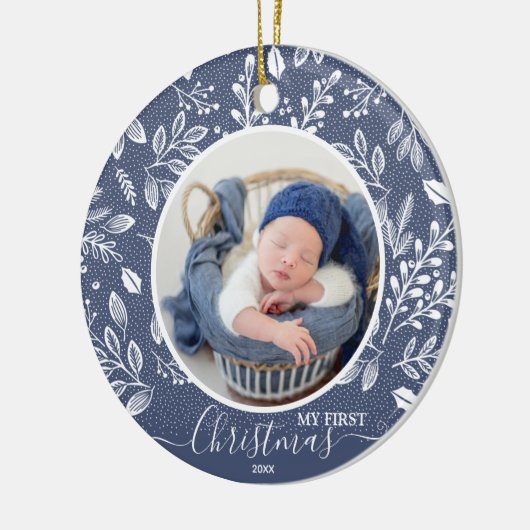 ベビーの初めてのクリスマスフォトブルー セラミックオーナメント (左)