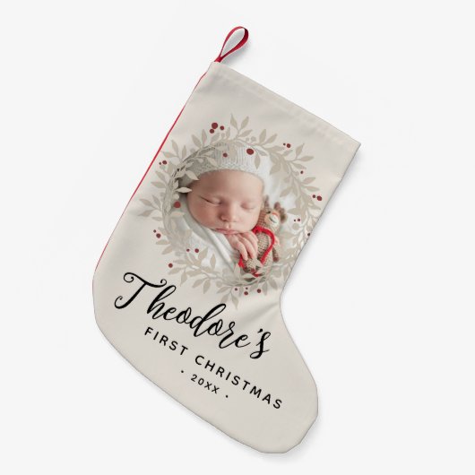 ベビーの初めてのクリスマスフォトリース名 スモールクリスマスストッキング (正面 (吊り時))