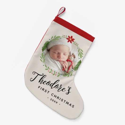 ベビーの初めてのクリスマスフォトリース名 スモールクリスマスストッキング (正面 (吊り時))