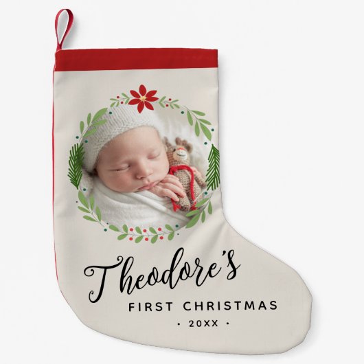 ベビーの初めてのクリスマスフォトリース名 スモールクリスマスストッキング (正面)
