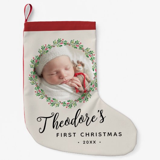 ベビーの初めてのクリスマスフォトリース名Keepsake スモールクリスマスストッキング (正面)