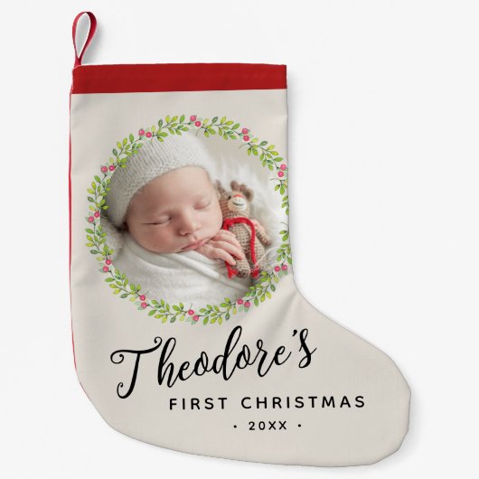 ベビーの初めてのクリスマスフォトリース名Keepsake スモールクリスマスストッキング (正面)