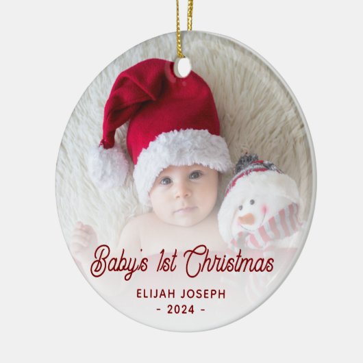 ベビーの初めてのクリスマスフォトレッドレトロスクリプト セラミックオーナメント (左)