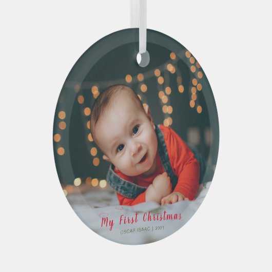 ベビーの初めてのクリスマスフォト名前をカスタムする ガラスオーナメント (正面右)