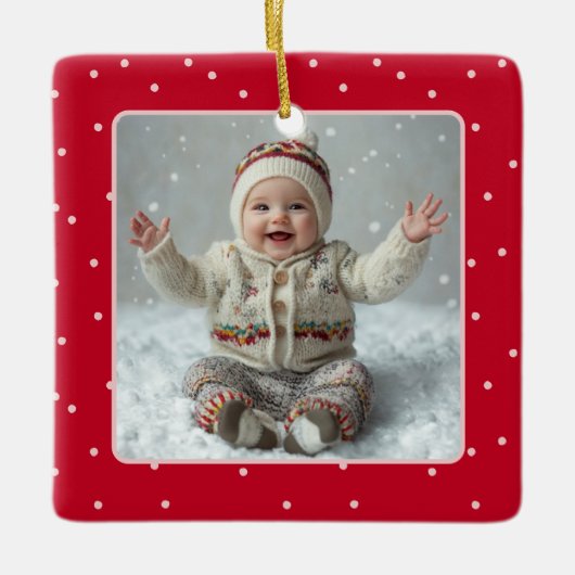 ベビーの初めてのクリスマスフォト水玉模様新しい親 セラミックオーナメント (正面)
