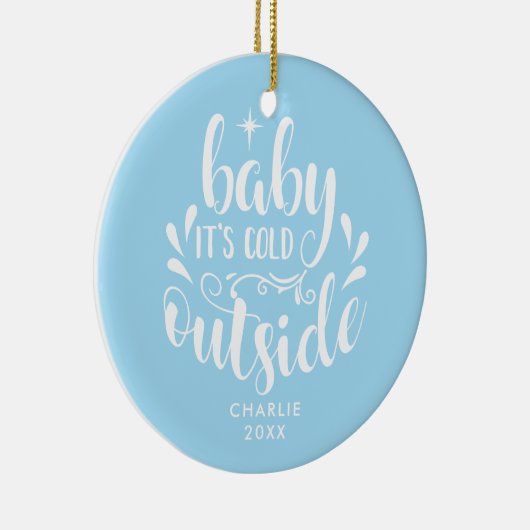 ベビーの初めてのクリスマスフォト男の赤ちゃんブルー セラミックオーナメント (右)
