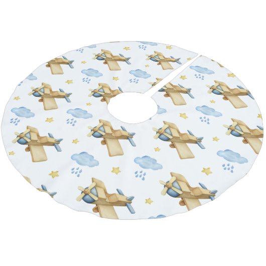 ベビーの初めてのクリスマスブルーヴィンテージ水彩 ブラッシュドポリエステルツリースカート (アングル)