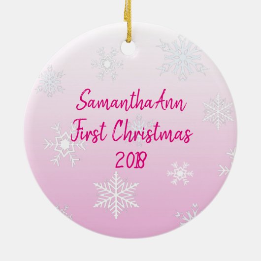 ベビーの初めてのクリスマスベビー写真ピンクのクリスマス セラミックオーナメント (裏面)