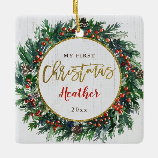 ベビーの初めてのクリスマスホリーベリーリース写真 セラミックオーナメント (正面)