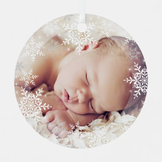 ベビーの初めてのクリスマスホワイトシルバースノーフレークスホーン メタルオーナメント (正面)