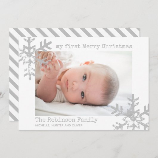 ベビーの初めてのクリスマスホワイトフォトスノーフレーク シーズンカード (正面/裏面)