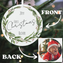 ベビーの初めてのクリスマスミストレトーリースと写真