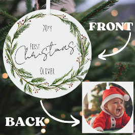 ベビーの初めてのクリスマスミストレトーリースと写真 メタルオーナメント