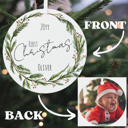 ベビーの初めてのクリスマスミストレトーリースと写真 メタルオーナメント