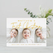 ベビーの初めてのクリスマスモダンシンプル3枚の写真 箔シーズンカード (立ち正面)