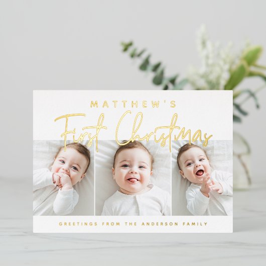 ベビーの初めてのクリスマスモダンシンプル3枚の写真 箔シーズンカード (立ち正面)