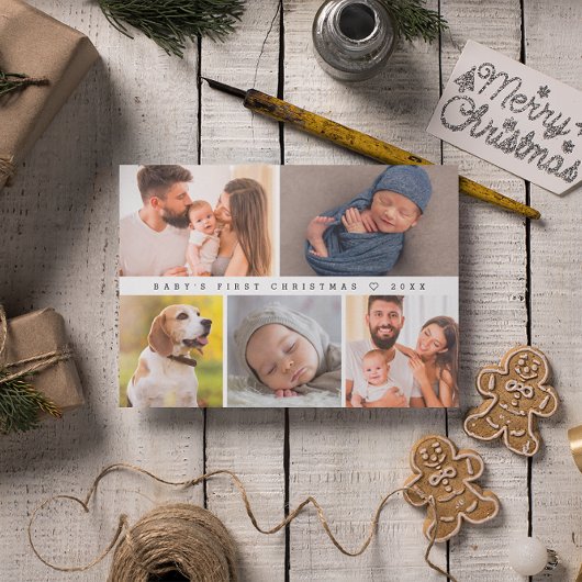ベビーの初めてのクリスマスモダン写真コラージュHappy シーズンカード