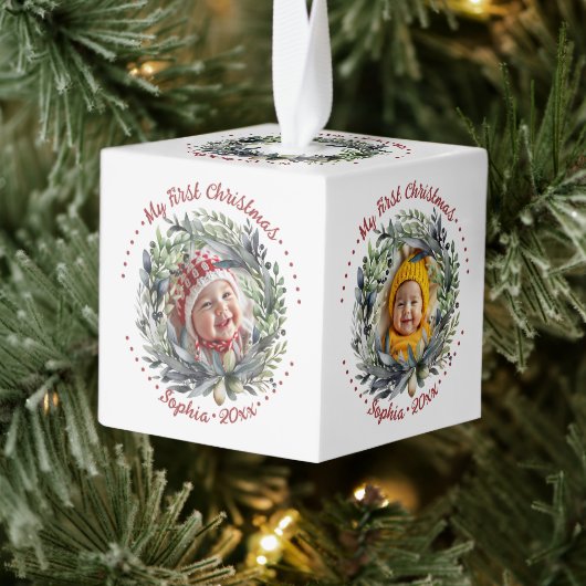 ベビーの初めてのクリスマスリースと緑の写真 キューブオーナメント (ツリー)