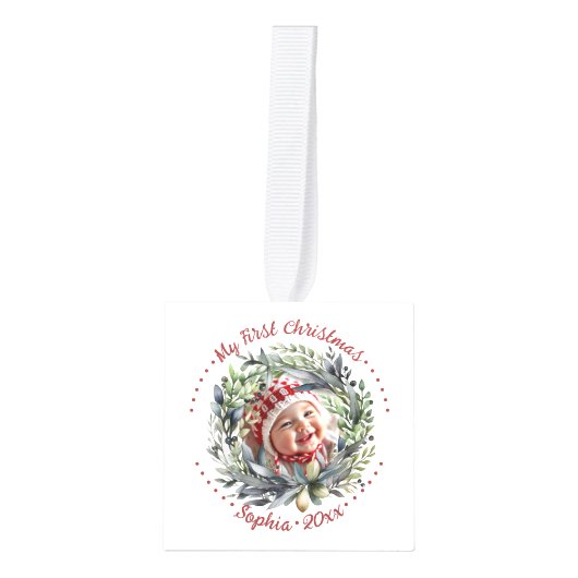 ベビーの初めてのクリスマスリースと緑の写真 キューブオーナメント (正面)