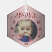 ベビーの初めてのクリスマスレッドピンクのスノーフレーク写真 ガラスオーナメント (正面)