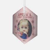 ベビーの初めてのクリスマスレッドピンクのスノーフレーク写真 ガラスオーナメント (正面左)