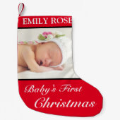 ベビーの初めてのクリスマスレッドブラックフォトクリスマス スモールクリスマスストッキング (正面)
