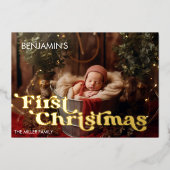 ベビーの初めてのクリスマスレトロタイポグラフィ1写真 箔シーズンカード (正面)