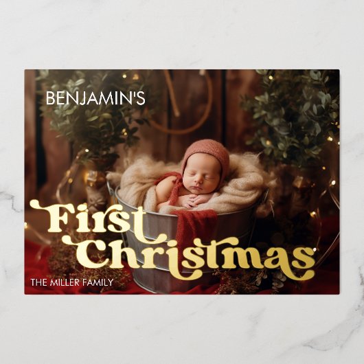 ベビーの初めてのクリスマスレトロタイポグラフィ1写真 箔シーズンカード (正面)