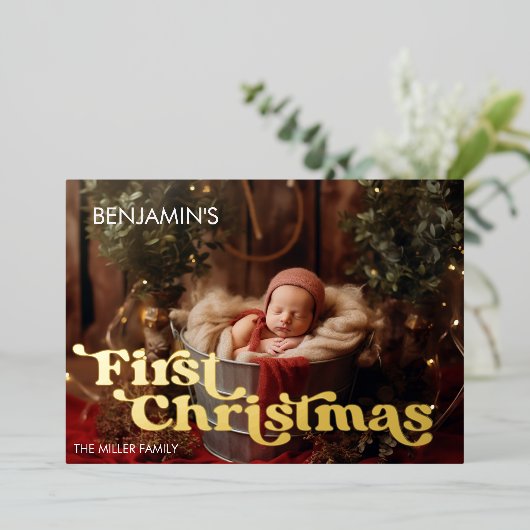 ベビーの初めてのクリスマスレトロタイポグラフィ1写真 箔シーズンカード (立ち正面)