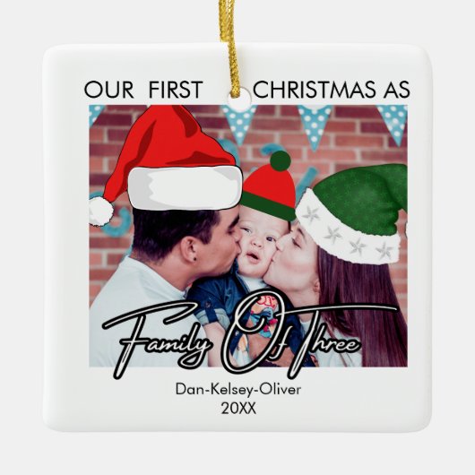ベビーの初めてのクリスマス三家カスタム門 セラミックオーナメント (正面)