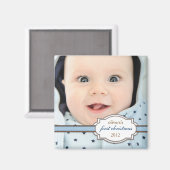ベビーの初めてのクリスマス写真とフェイクリボンブルー マグネット (正面/裏面)