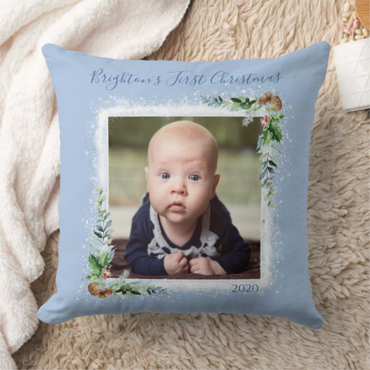 ベビーの初めてのクリスマス写真の名前日付の雪片 クッション (ブランケット)