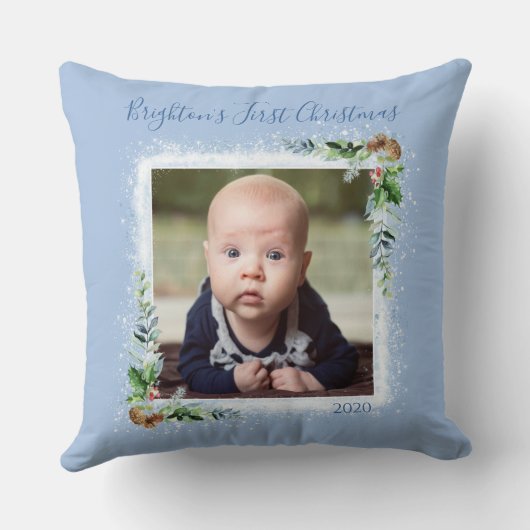 ベビーの初めてのクリスマス写真の名前日付の雪片 クッション (裏面)