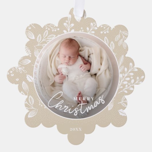 ベビーの初めてのクリスマス写真オンアイボリー紙 オーナメントカード (正面)