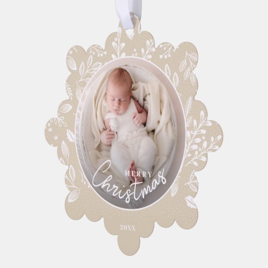 ベビーの初めてのクリスマス写真オンアイボリー紙 オーナメントカード (左)