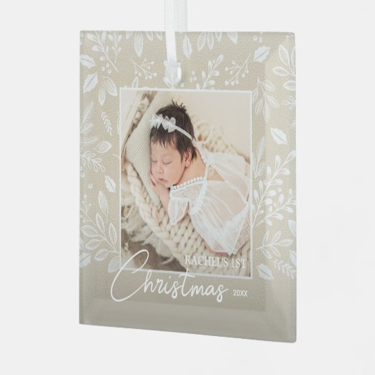 ベビーの初めてのクリスマス写真オンアイボリー ガラスオーナメント (正面左)
