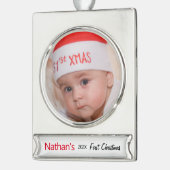 ベビーの初めてのクリスマス写真テンプレート名（年） シルバープレートバナーオーナメント (左)