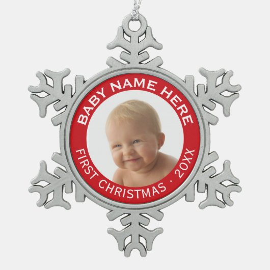 ベビーの初めてのクリスマス写真名前をカスタムすると年 スノーフレークピューターオーナメント (正面)