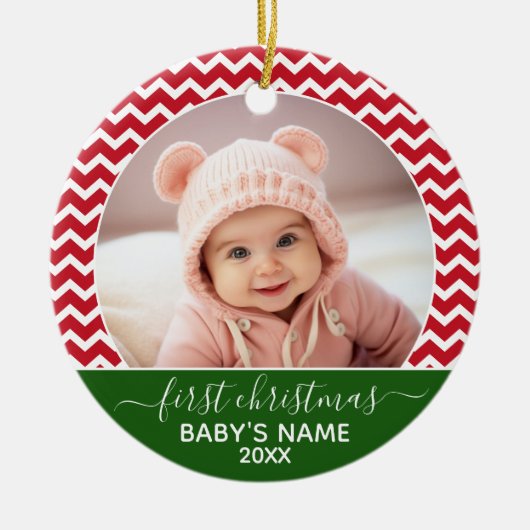 ベビーの初めてのクリスマス写真赤い山形グリーン セラミックオーナメント (正面)