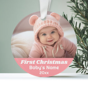 ベビーの初めてのクリスマス写真 – Blue Girl Pink オーナメント