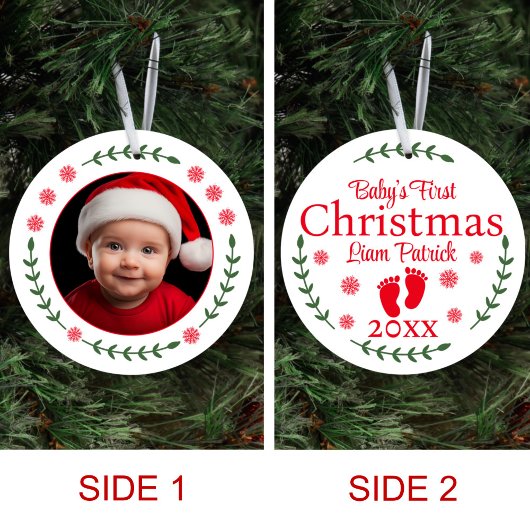 ベビーの初めてのクリスマス写真Snowflakes and Laurel セラミックオーナメント