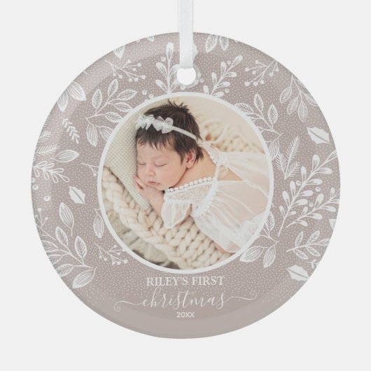 ベビーの初めてのクリスマス写真Taupe ガラスオーナメント (正面)